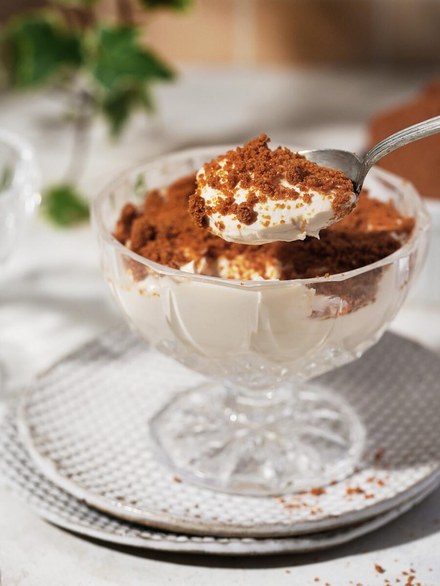 Protein Cheesecake in a cute vintage cup with a spoon on the side.